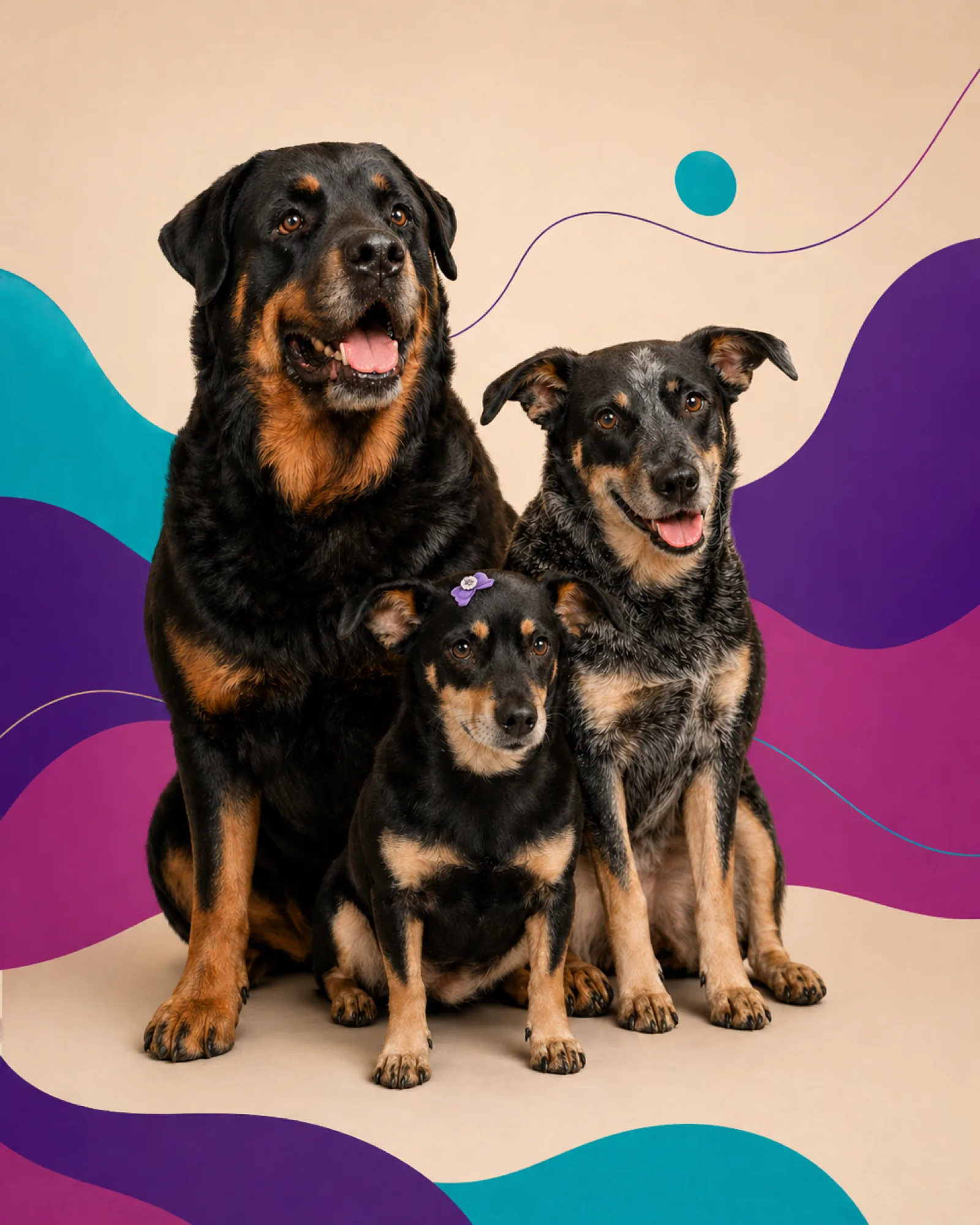 Três cães atendidos pela Zenvet — dois adultos e um filhote — em sessão fotográfica